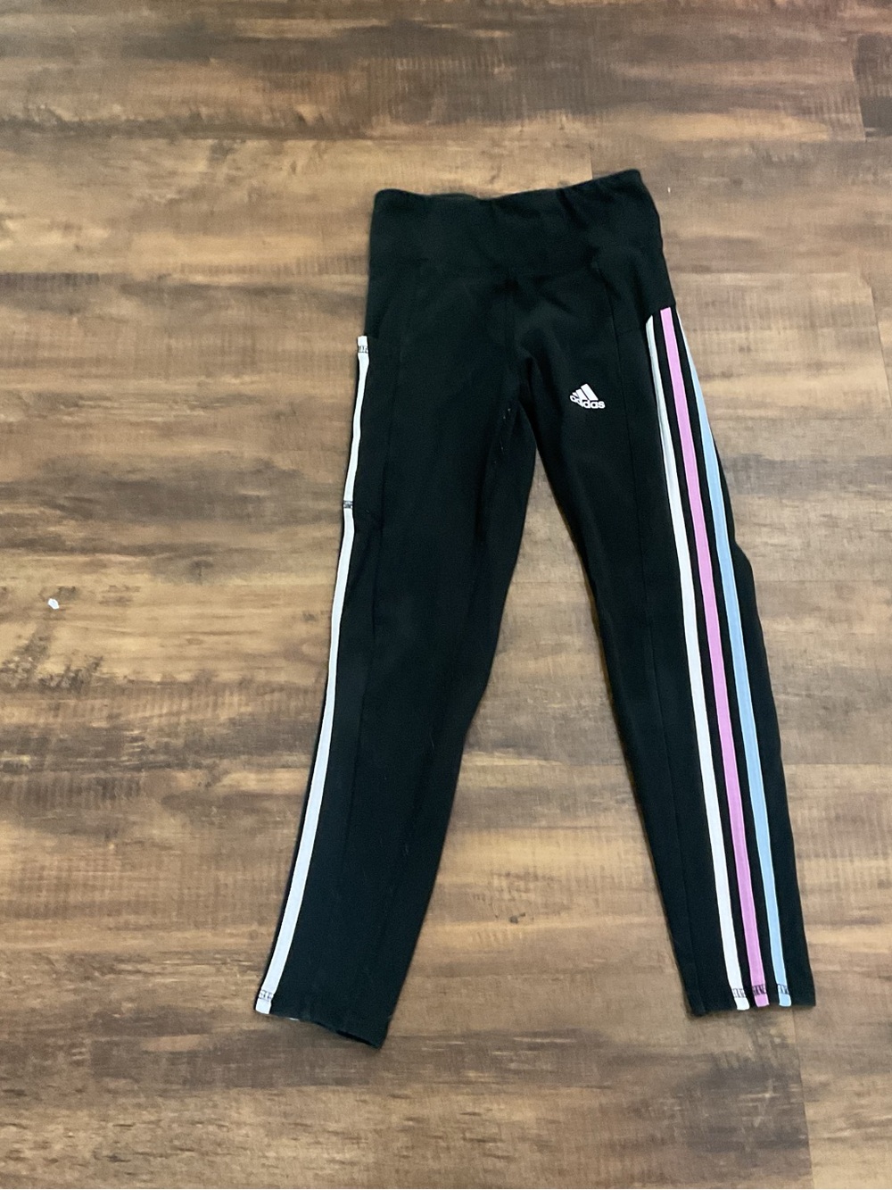 adidas Black Leggings with Pink & Light Blue Side Stripes